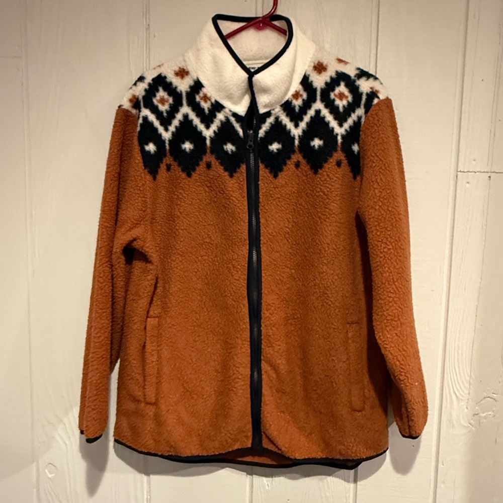 Lands' End Tan and White Geometric Fleece Jacket